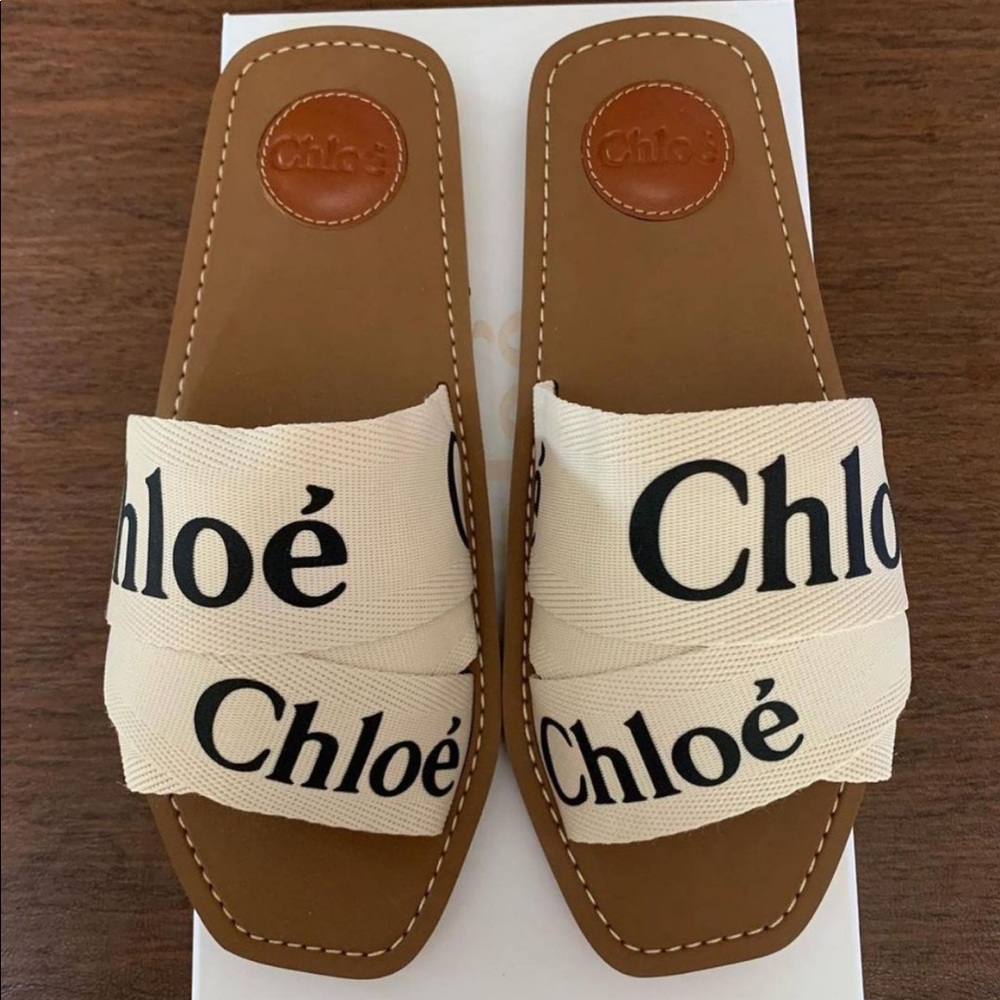 Chloé Woody Flat Logo Ribbon Slide Sandal